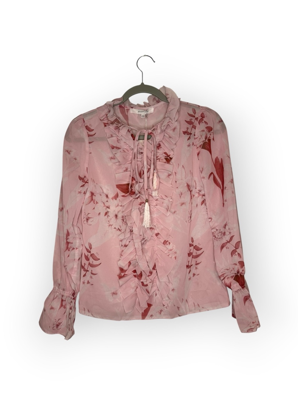 Avantlook Women's Pink Ruffle Tie-Neck Floral Blouse Size Small NWT